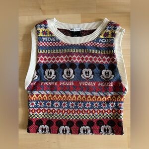 Zara X Disney Mickey Mouse Jacquard Knit Cropped Top Patterned Sweater Vest